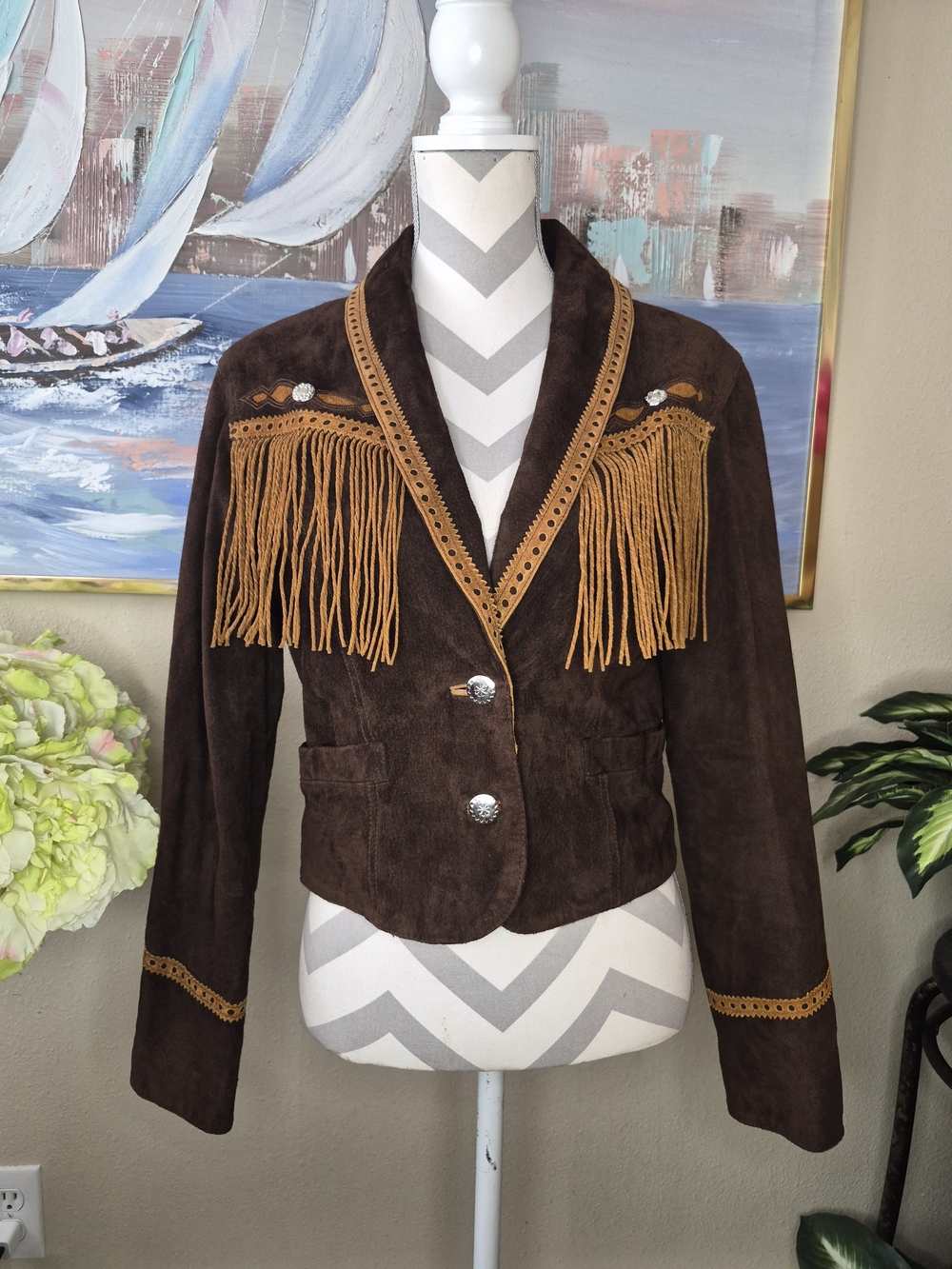 Vintage Cripple Creek Womens Brown Suede Fringe Western-Style Jacket